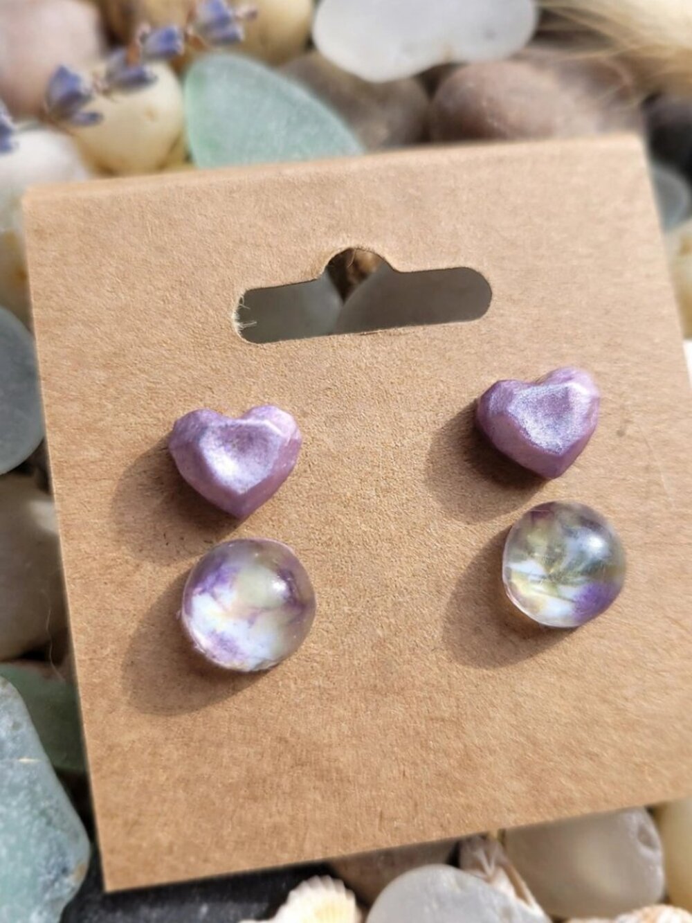 Stud Earring Set - Purple Hearts and Floral Rounds, Handmade